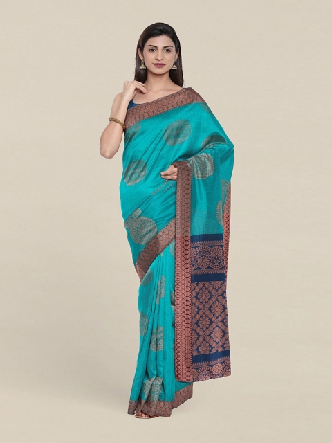 

Pothys Blue & Gold-Toned Ethnic Motifs Zari Silk Cotton Saree, Turquoise blue