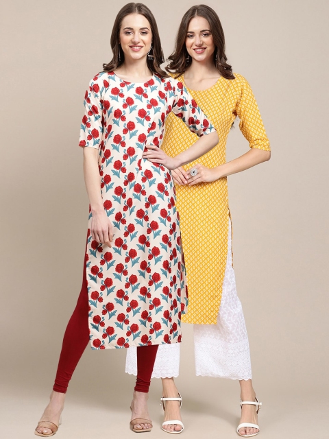 

KALINI Women Pack of 2 Yellow & Red Ethnic Motifs Printed Crepe Kurta