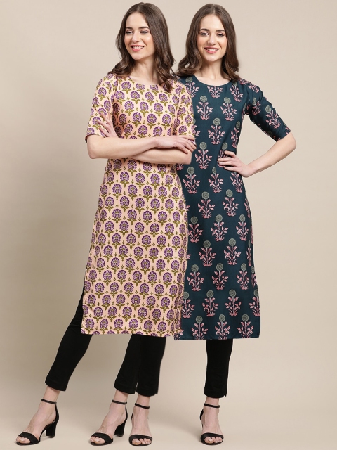 

KALINI Women Pack Of 2 Beige & Green Ethnic Motifs Printed Summer Sheers Crepe Kurta