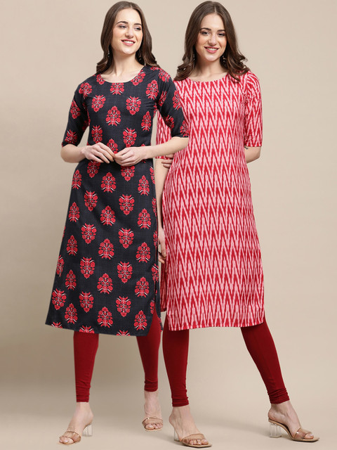 

KALINI Women Pack of 2 Black & Red Ethnic Motifs Printed Crepe Kurta