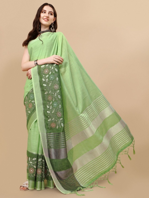 

Rekha Maniyar Green & Silver-Toned Floral Zari Pure Linen Saree