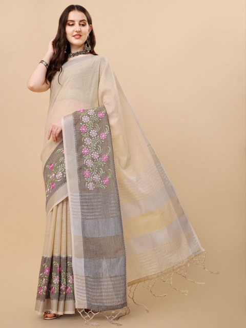 

Rekha Maniyar Beige & Silver-Toned Floral Zari Pure Linen Saree