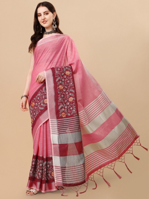 

Rekha Maniyar Rose & Silver-Toned Floral Embroidered Pure Linen Saree