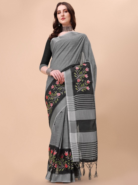 

Rekha Maniyar Black & Pink Floral Embroidered Pure Linen Saree