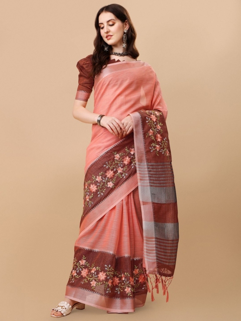 

Rekha Maniyar Peach-Coloured & Green Floral Embroidered Pure Linen Saree