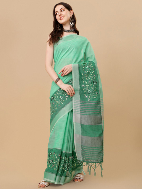 

Rekha Maniyar Green & Silver-Toned Floral Embroidered Pure Linen Saree