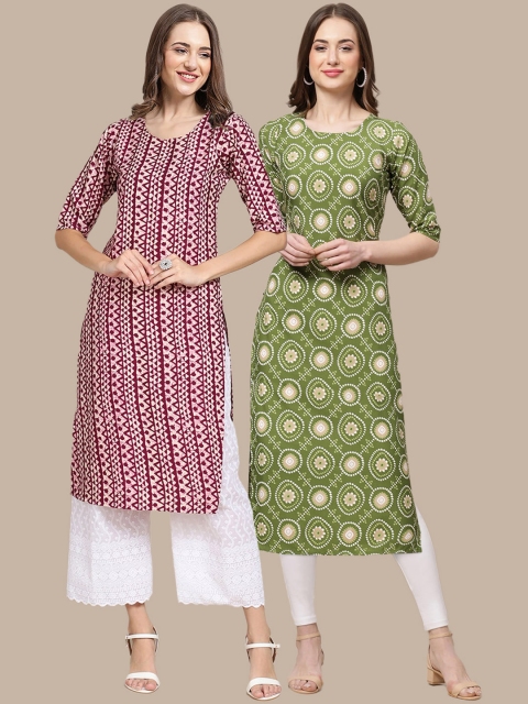 

KALINI Women Pack of 2 Red & Green Ethnic Motifs Printed Crepe Kurta