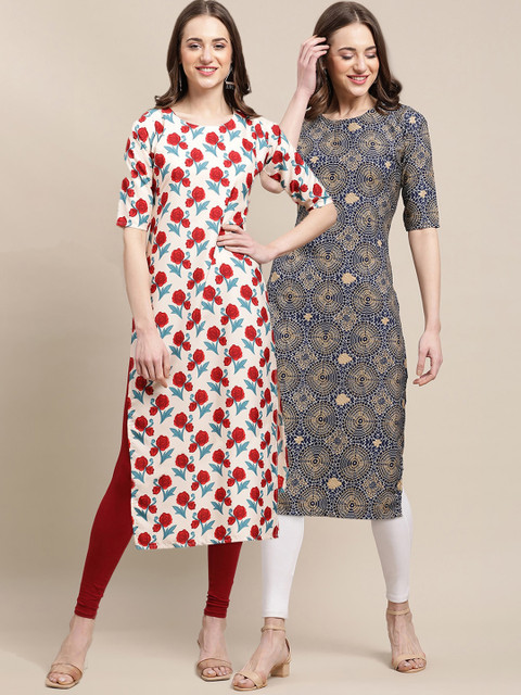 

KALINI Women Multicoloured Geometric Printed Cold-Shoulder Sleeves Summer Sheers Crepe Kurta, Multi