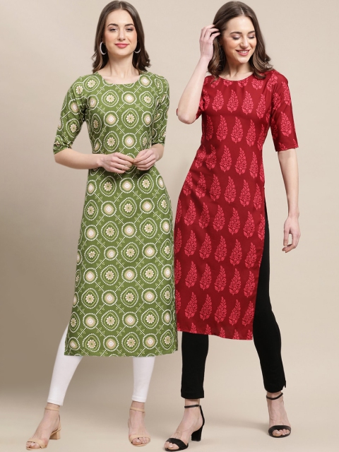 

KALINI Women Set Of 2 Green & Red Ethnic Motifs Printed Crepe Kurta