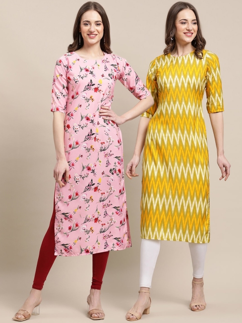 

KALINI Women Pack Of 2 Pink & Yellow Floral Printed Crepe Kurta