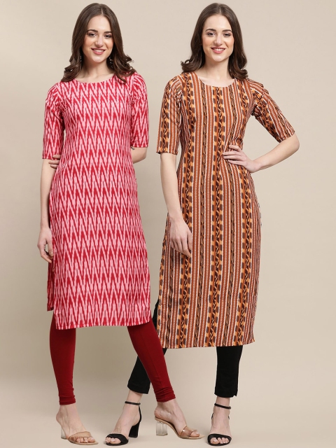 

KALINI Women Pack of 2 Red & Brown Geometric Printed Crepe Kurta