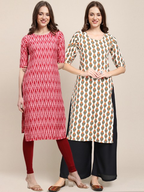 

KALINI Women Pack of 2 Red & Cream-Coloured Printed Crepe Kurta