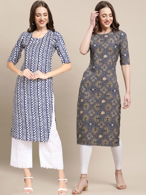 

KALINI Pack Of 2 Women Navy Blue & White Printed Straight Crepe Kurta