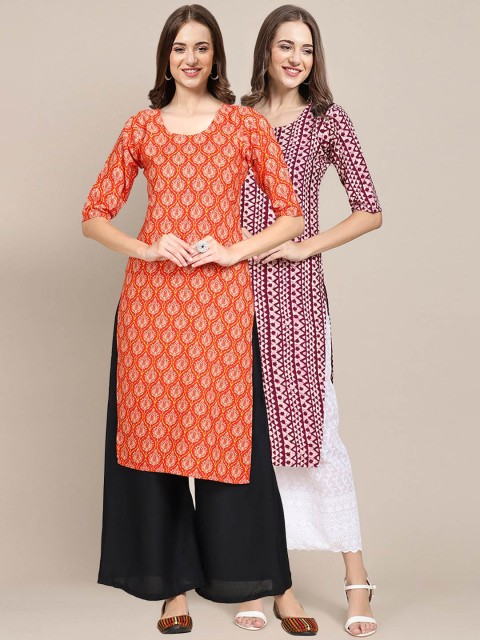 

KALINI Women Pack Of 2 Orange & Magenta Printed Crepe Straight Kurta