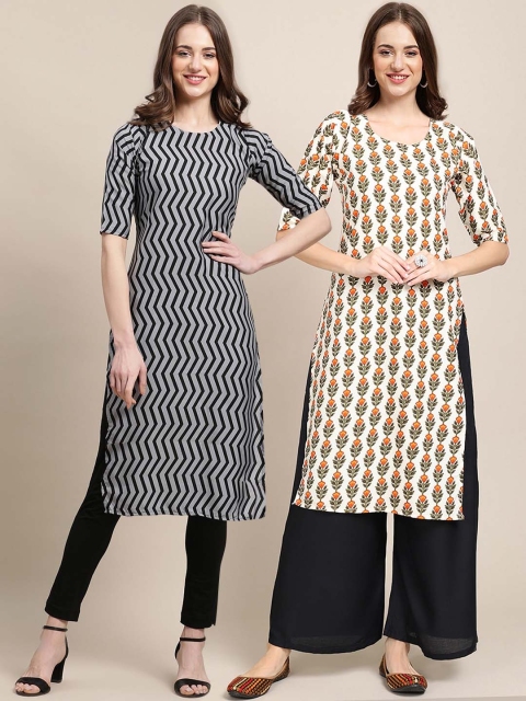 

KALINI Women Pack of 2 Black & Cream-Coloured Digital Printed Crepe Straight Kurtas