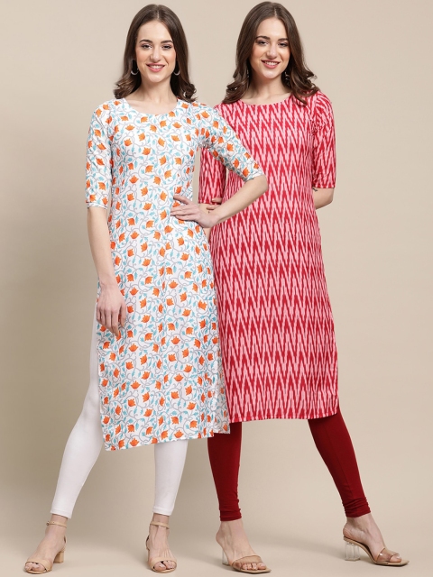 

KALINI Women White & Red Geometric Printed Summer Sheers Crepe Kurta