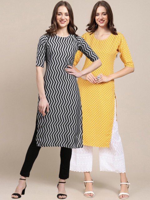 

KALINI Women Pack of 2 Black & Yellow Ethnic Motifs Printed Crepe Kurta