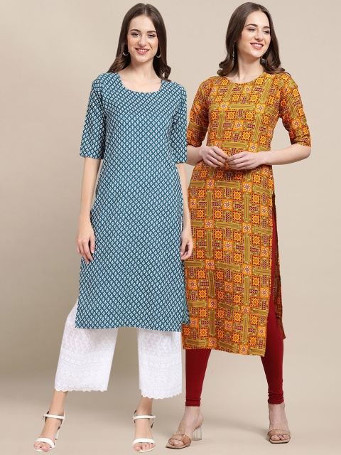 

KALINI Women Pack of 2 Blue & Mustard Yellow Geometric Printed Crepe Kurta