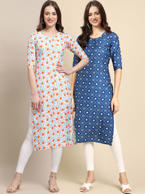 

KALINI Women Pack of 2 White & Blue Printed Crepe Kurta
