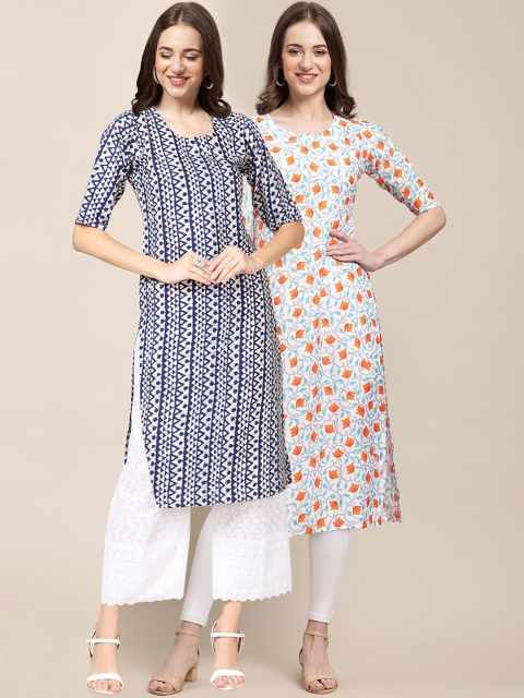 

KALINI Women Pack of 2 White & Blue Printed Crepe Kurta