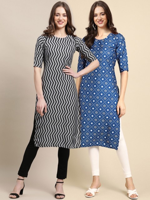 

KALINI Women Pack of 2 Printed Summer Sheers Crepe Kurta, Black