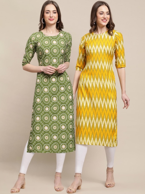 

KALINI Women Pack of 2 Printed Summer Sheers Crepe Kurta, Green