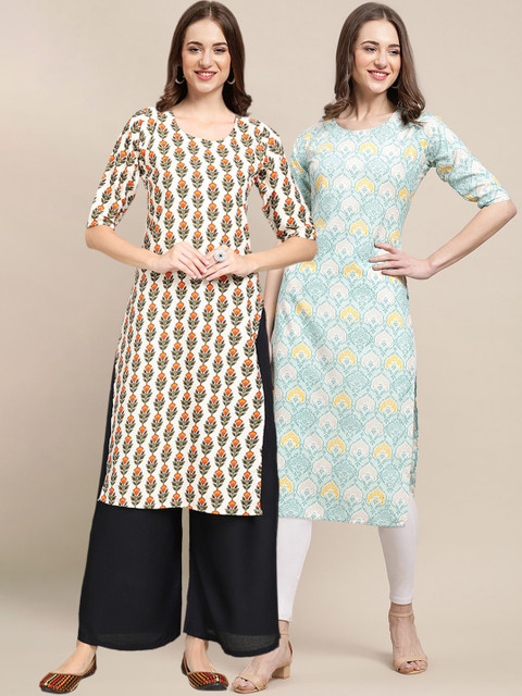 

KALINI PACK OF 2 Women Cream & Blue Ethnic Motifs Printed Summer Sheers Crepe Kurta
