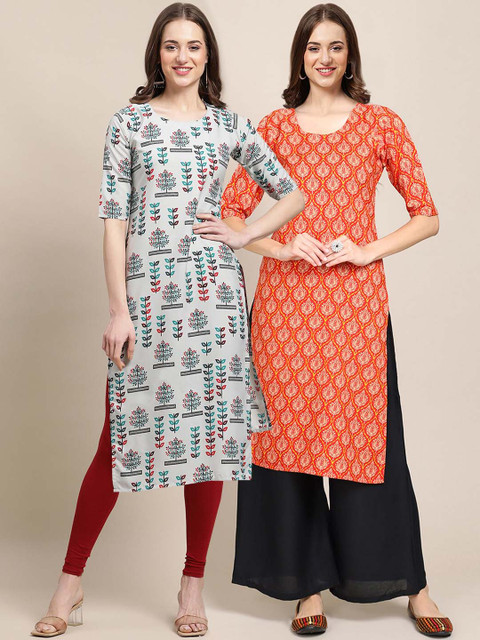 

KALINI PACK OF 2 Women Grey & Orange Ethnic Motifs Printed Summer Sheers Crepe Kurta
