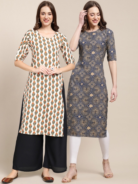 

KALINI Women Pack of 2 Beige & Blue Printed Straight Crepe Kurta