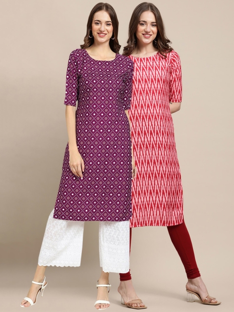 

KALINI Women Pack of 2 Purple & Red Printed Straight Crepe Kurta