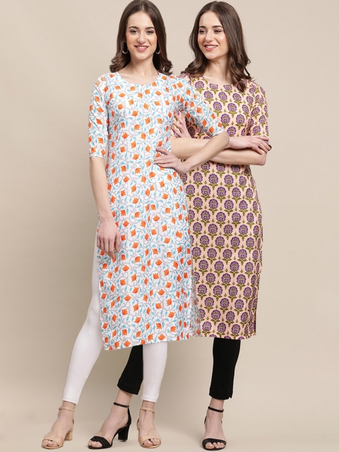 

KALINI Women Pack of 2 Beige & White Printed Straight Crepe Kurta