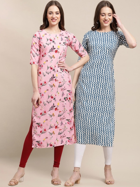 

KALINI Women Pack of 2 Pink & Blue Ethnic Motifs Printed Crepe Kurta