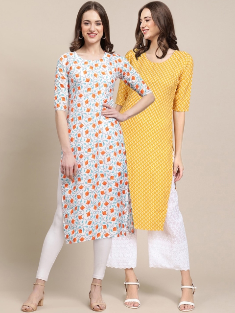 

KALINI Women Pack of 2 White & Yellow Ethnic Motifs Printed Crepe Kurta