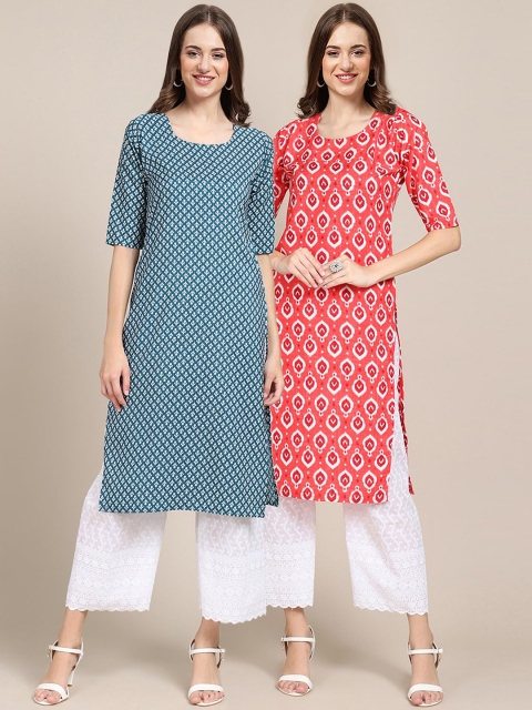 

KALINI Women Pack of 2 Blue & Pink Ethnic Motifs Printed Crepe Kurta