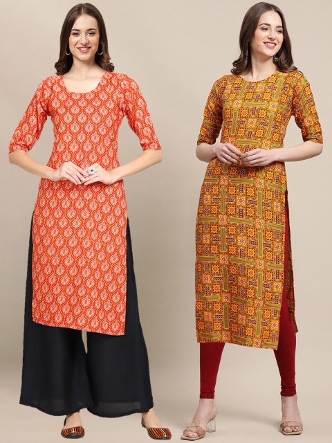

KALINI Women Pack Of 2 Printed Block Print Summer Sheers Crepe Kurta, Orange