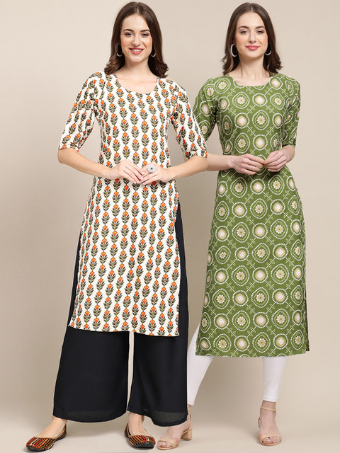 

KALINI Women Pack Of 2 Printed Block Print Summer Sheers Crepe Kurta, White