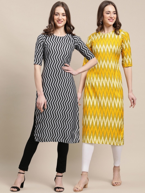 

KALINI Women Pack Of 2 Printed Block Print Summer Sheers Crepe Kurta, Black