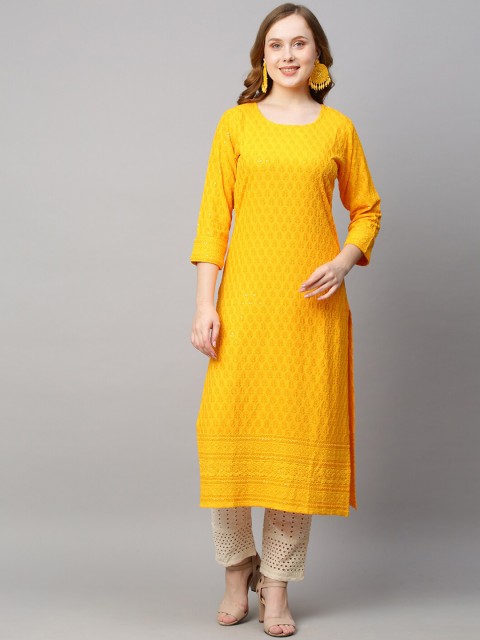 

POONAM DESIGNER Women Yellow Lucknowi Chikan Worked Ethnic Motifs Kurta