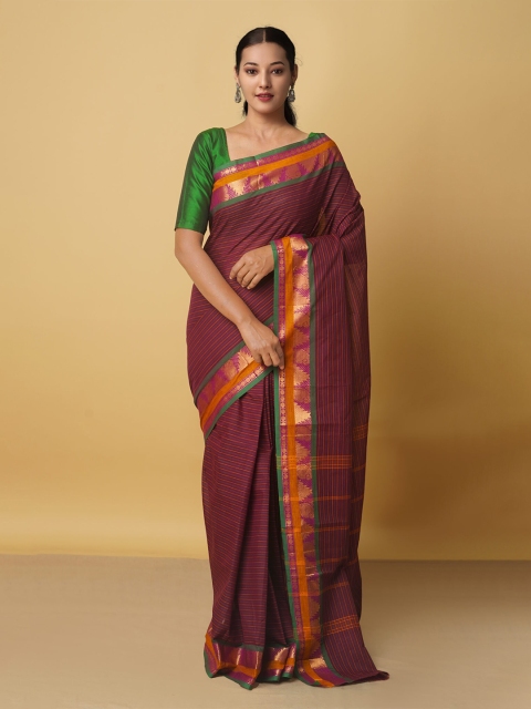 

Unnati Silks Women Brown & Green Striped Zari Pure Cotton Kanjeevaram Saree