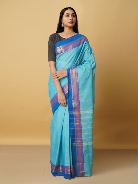 

Unnati Silks Blue & Gold-Toned Woven Design Zari Pure Cotton Kanjeevaram Saree