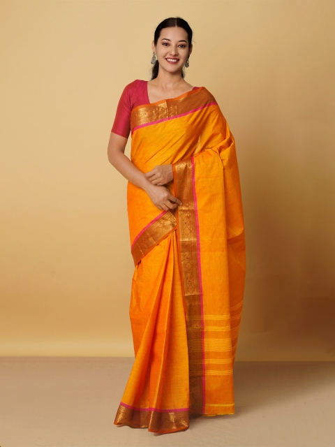 

Unnati Silks Orange & Red Zari Pure Cotton Kanjeevaram Saree