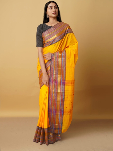 

Unnati Silks Yellow & Red Woven Design Zari Pure Cotton Kanjeevaram Saree