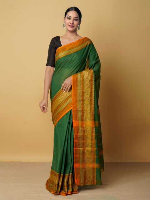 

Unnati Silks Green & Orange Zari Pure Cotton Kanjeevaram Saree