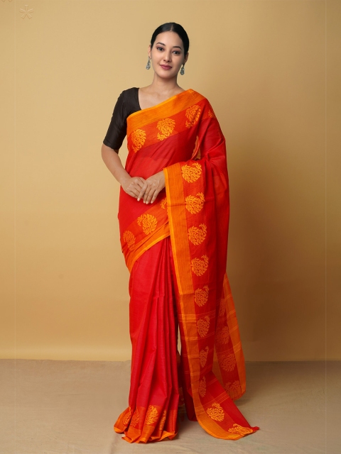 

Unnati Silks Women Red & Gold-Toned Floral Zari Pure Cotton Kanjeevaram Saree