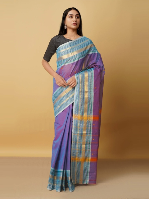 

Unnati Silks Blue & Gold-Toned Woven Design Zari Pure Cotton Kanjeevaram Saree