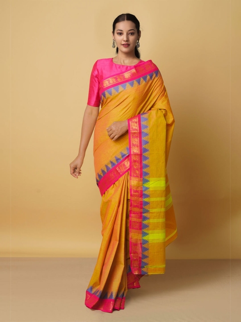 

Unnati Silks Orange & Blue Zari Pure Cotton Handloom Kanjeevaram Saree