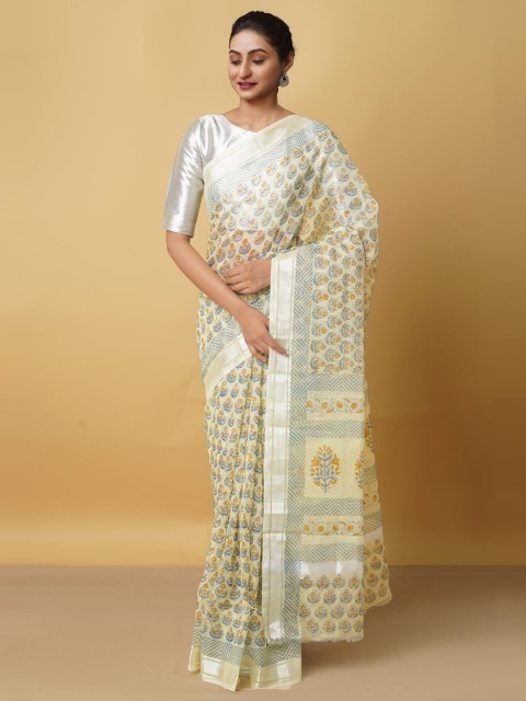 

Unnati Silks Green & White Ethnic Motifs Zari Pure Cotton Kota Saree