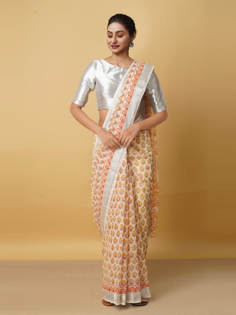 

Unnati Silks Women Beige & Yellow Floral Zari Pure Cotton Kota Saree
