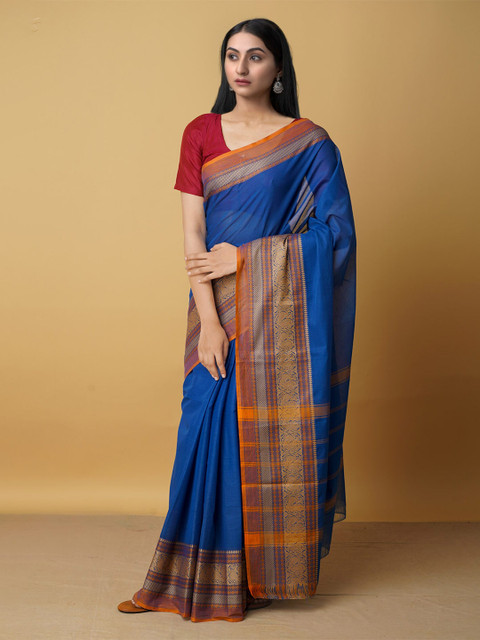 

Unnati Silks Blue & Orange Ethnic Motifs Zari Pure Cotton Kanjeevaram Saree