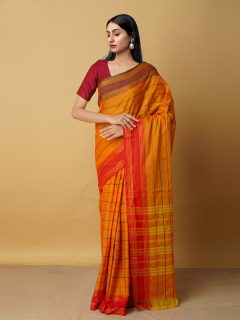 

Unnati Silks Orange & Yellow Striped Pure Cotton Kanjeevaram Saree